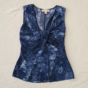Michael Kors blue sheer tank XS Sleeveless Twist Knot Front Watercolor artsy